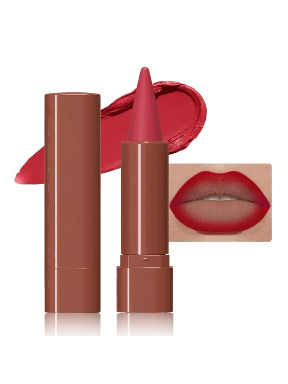 Women 1Pcs-A06# Ruby Red Shimmery Metallic Cone-Tip Glitter Lipstick & Lip Liner
